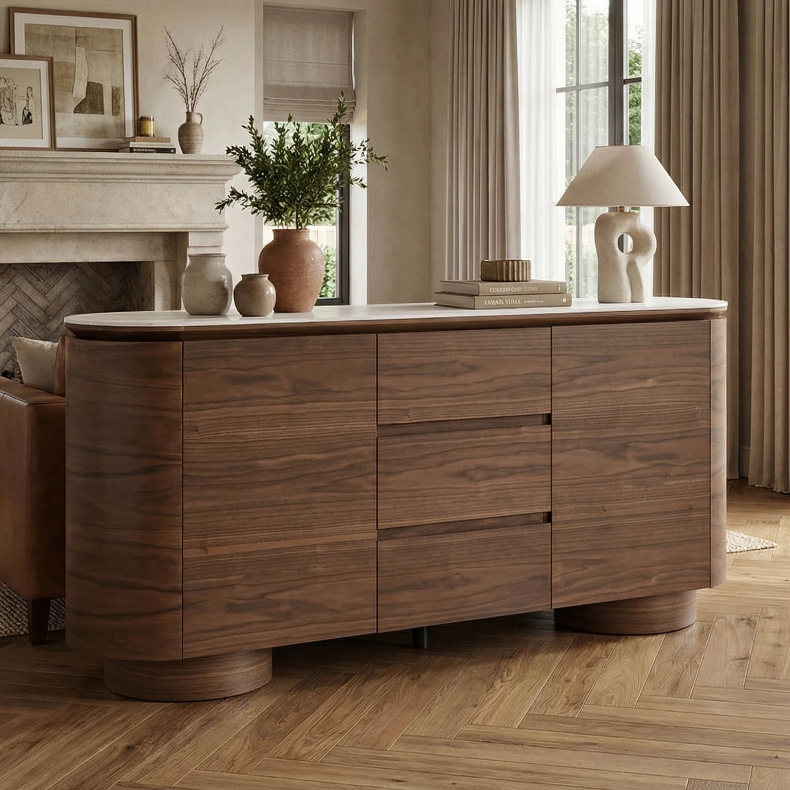 63" Todd Walnut Sideboard with Cylindrical Base - Image 2