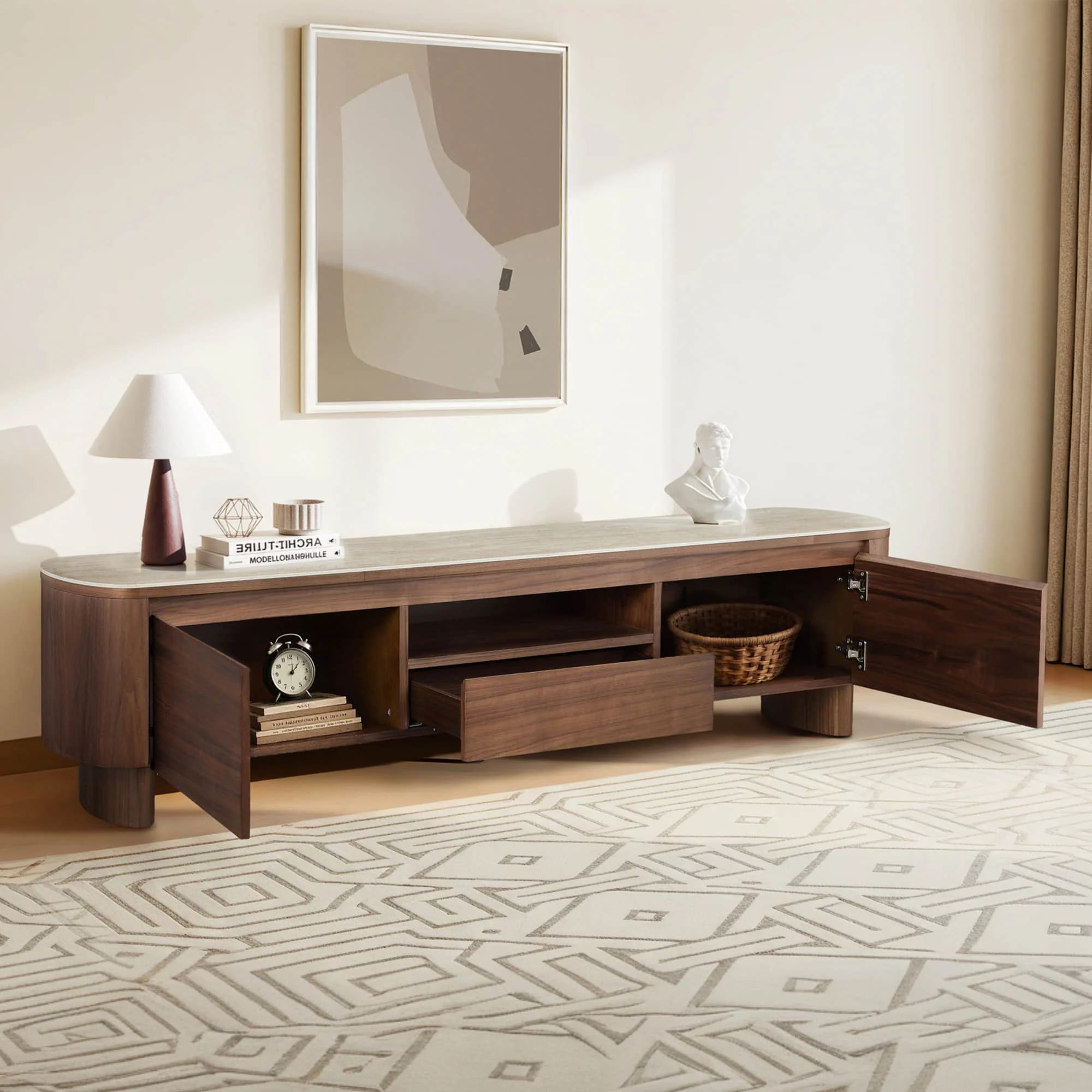 71" Chad Classic Open Shelf Functional TV Stand with Travertine - Image 4