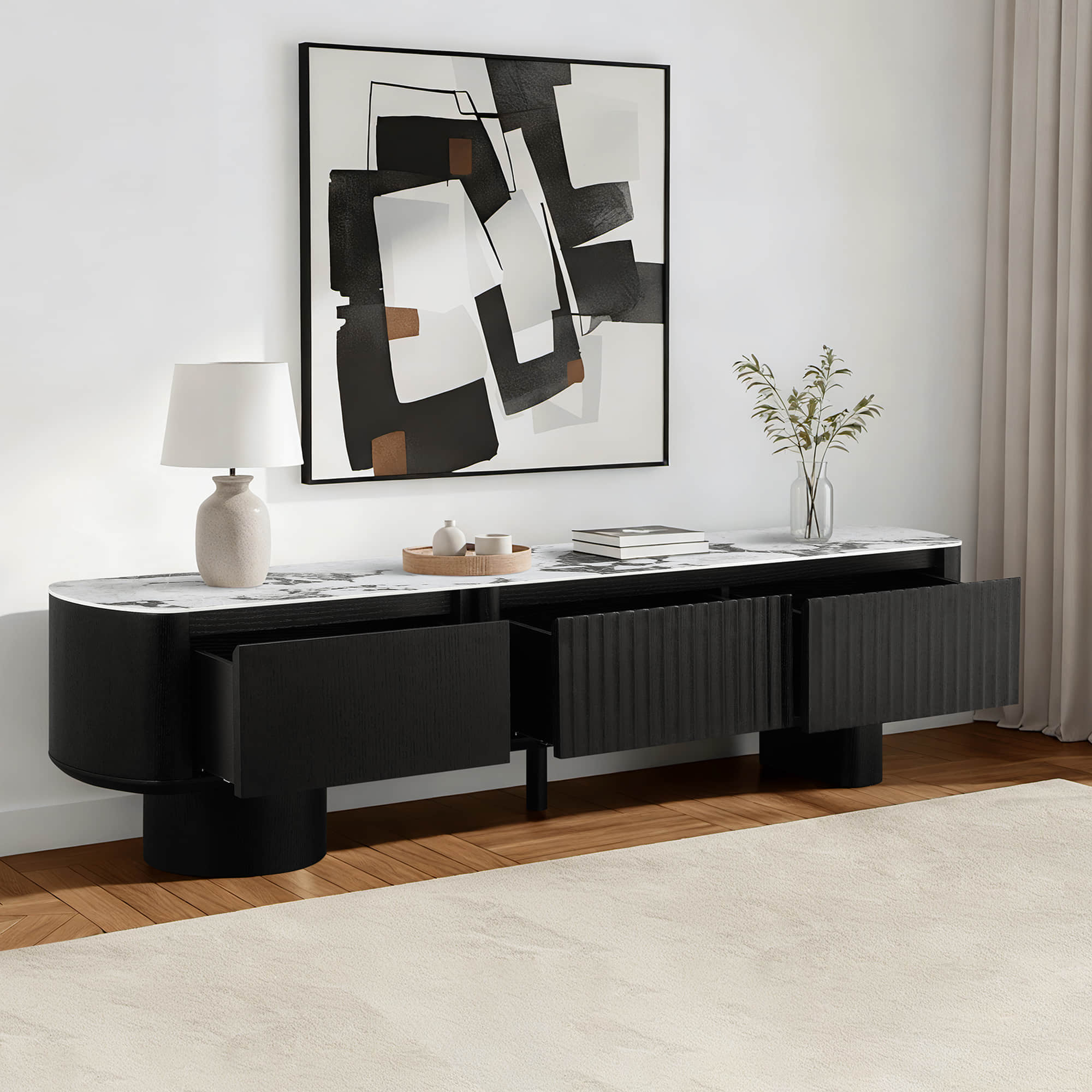 71" Rex Curved Fluted Wooden TV Stand with Drawer - Image 3