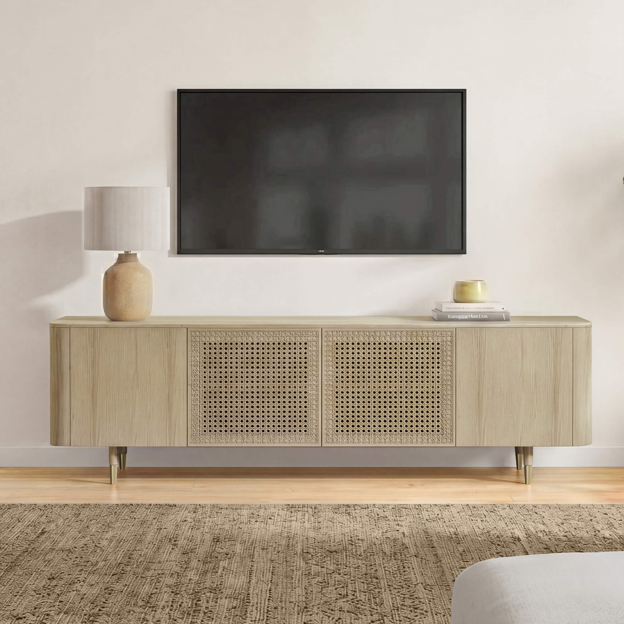 79" Renee Scandinavian Travertine TV Stand with Woven Rattan