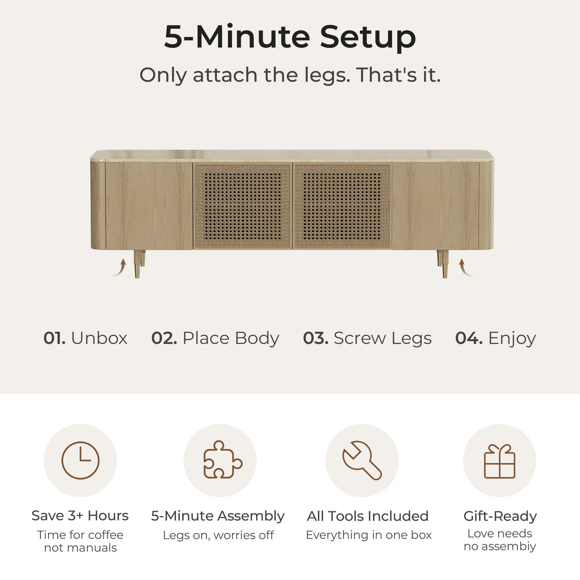 79" Renee Scandinavian Travertine TV Stand with Woven Rattan - Image 14