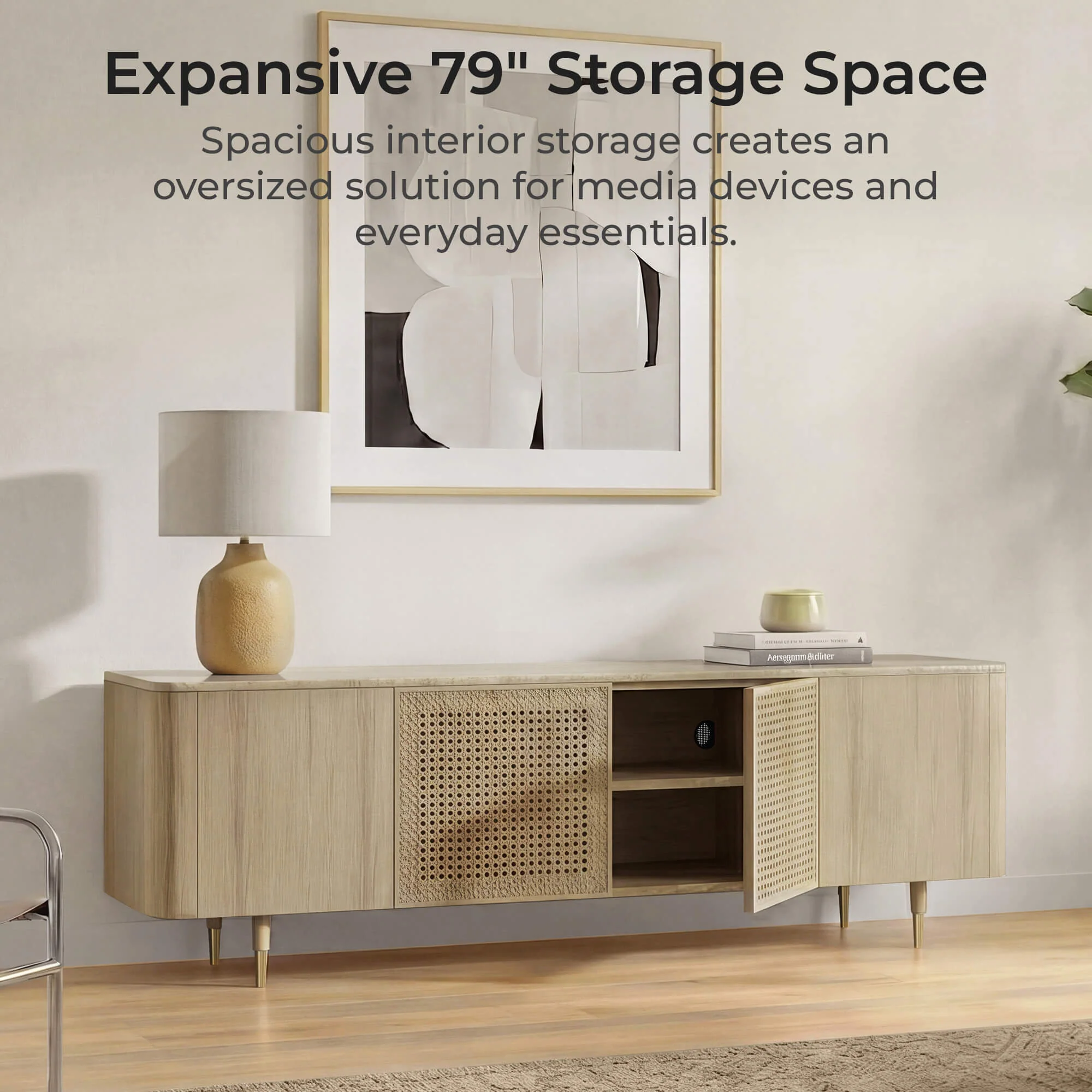 79" Renee Scandinavian Travertine TV Stand with Woven Rattan - Image 18