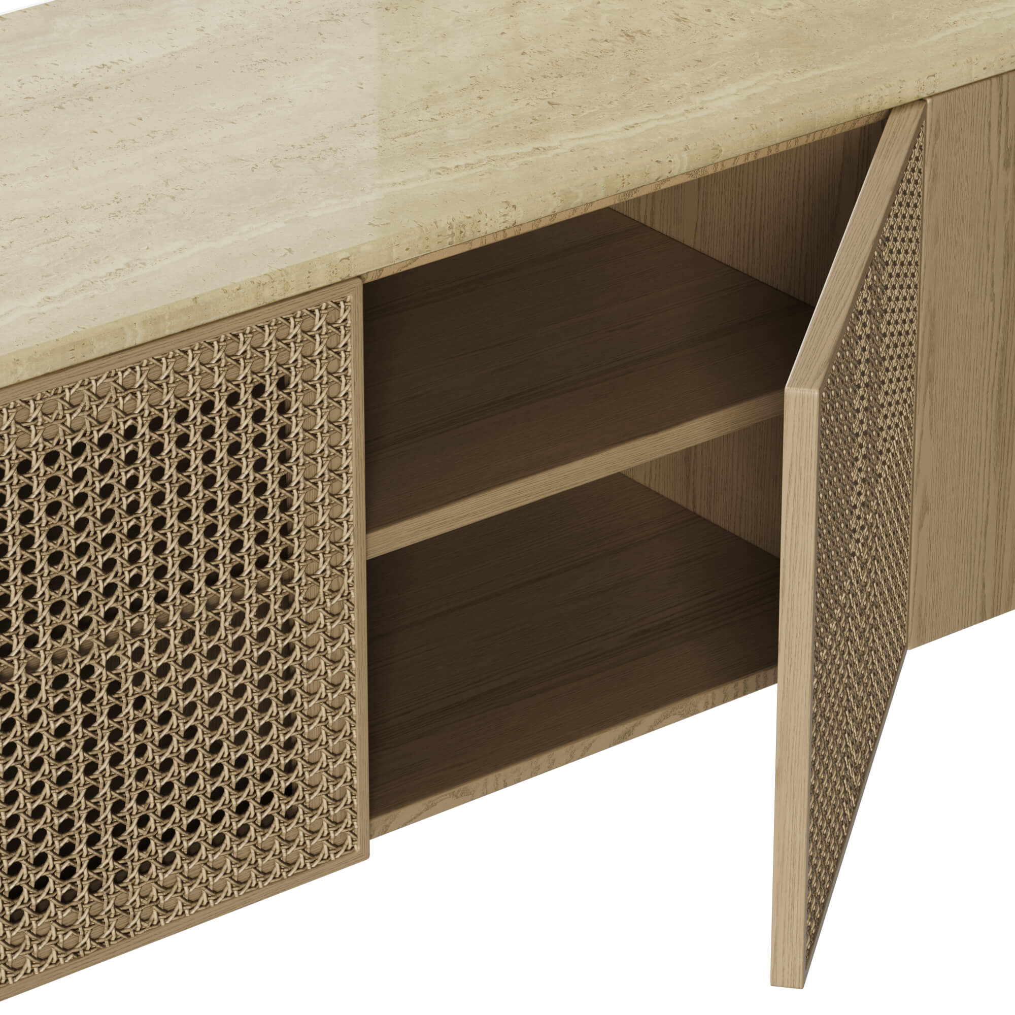 79" Renee Scandinavian Travertine TV Stand with Woven Rattan - Image 5