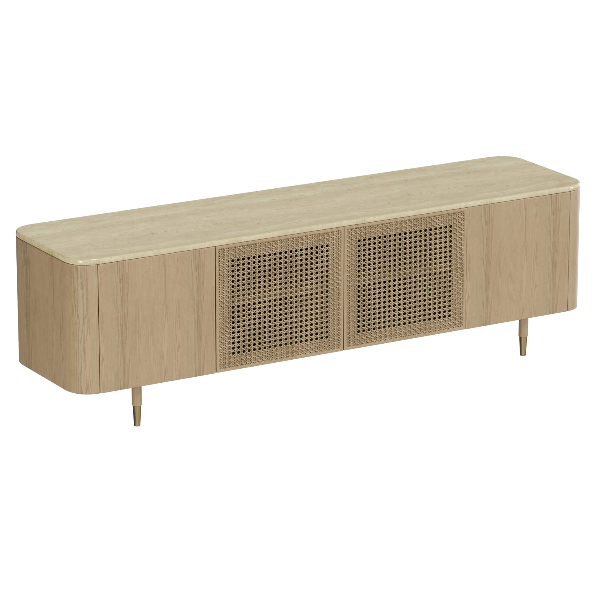 79" Renee Scandinavian Travertine TV Stand with Woven Rattan - Image 9