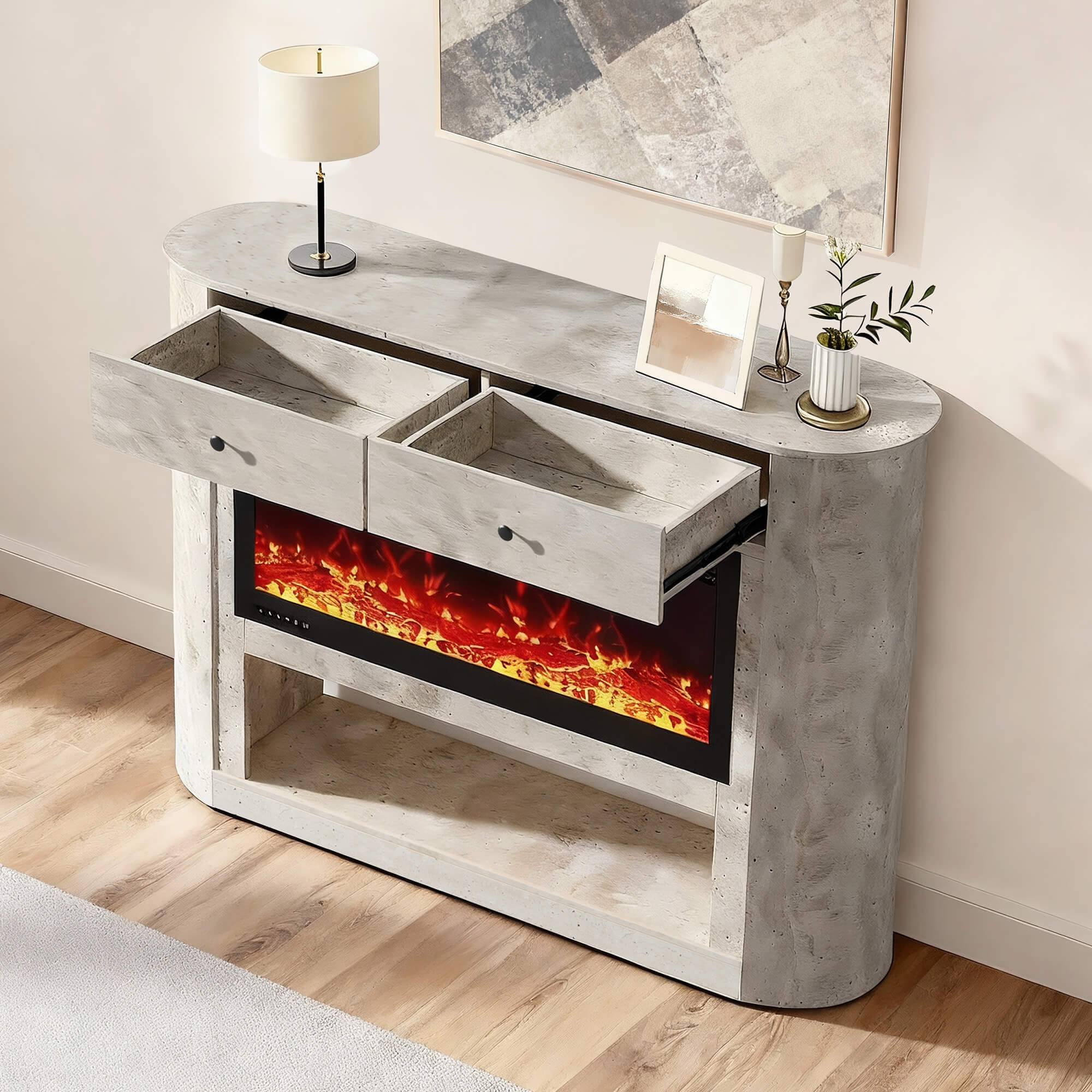 63" Aaron Travertine Electric Fireplace Sideboard - Image 3