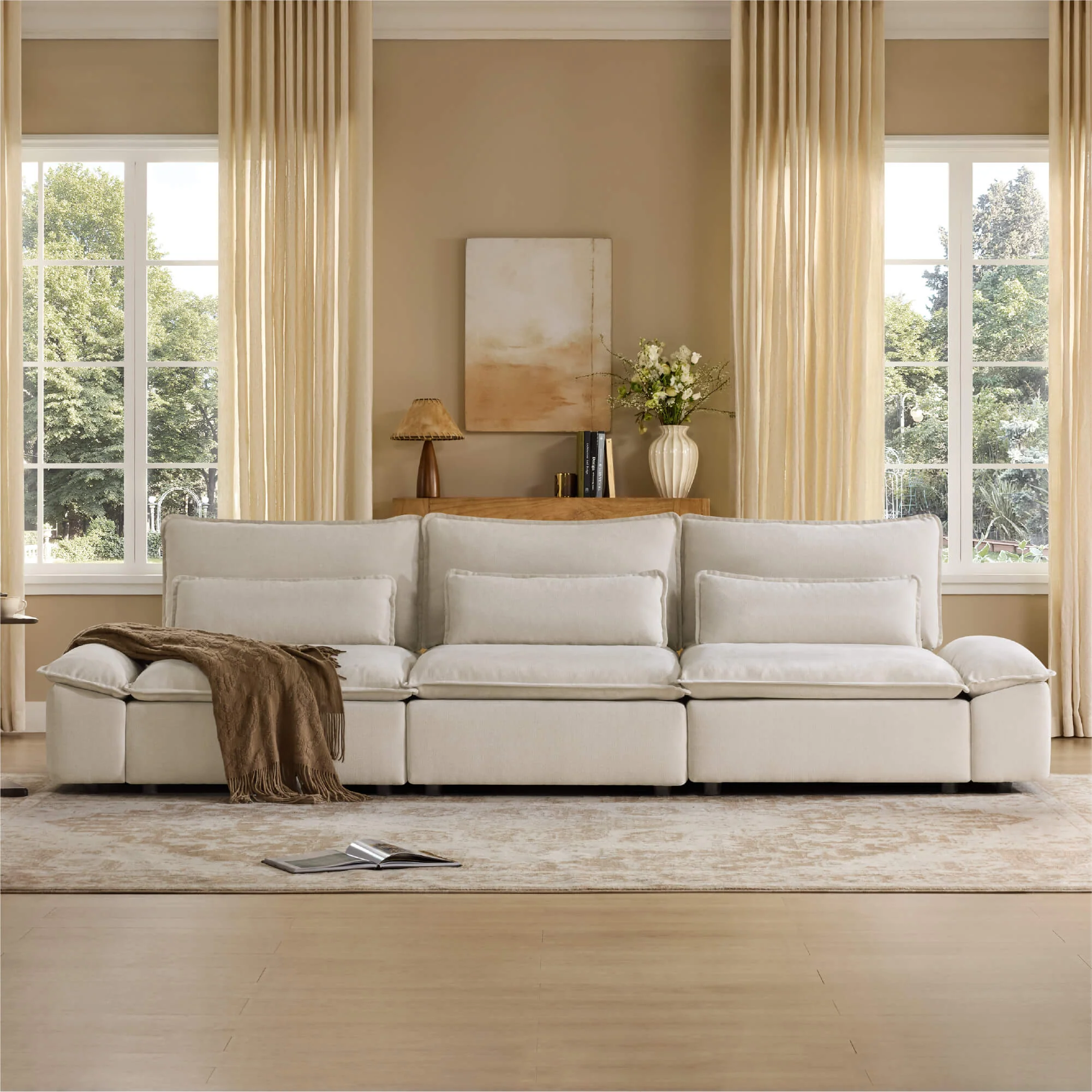 Ace Minimalist Chenille Adjustable Backrest 3-Seater Modular Sofa with Storage Armrest - Image 45
