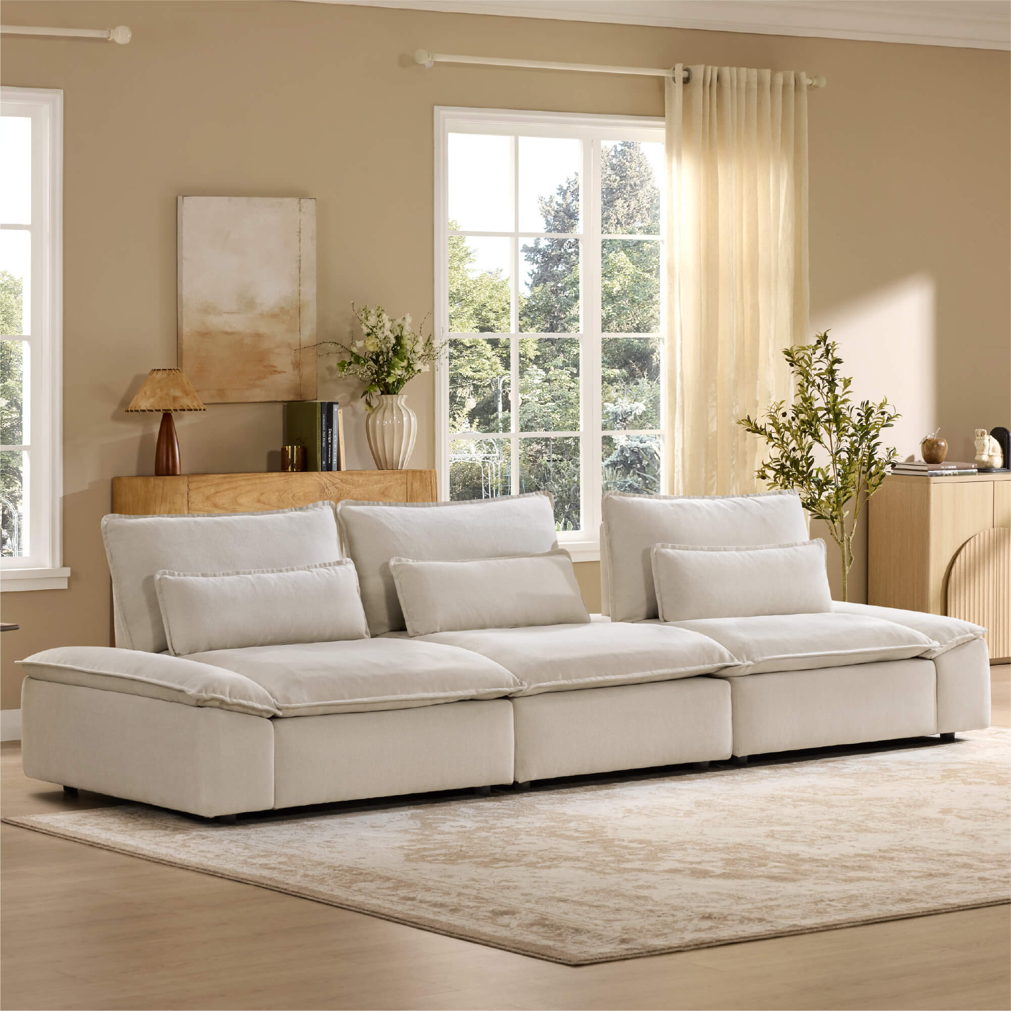 Ace Minimalist Chenille Adjustable Backrest 3-Seater Modular Sofa with Storage Armrest - Image 55