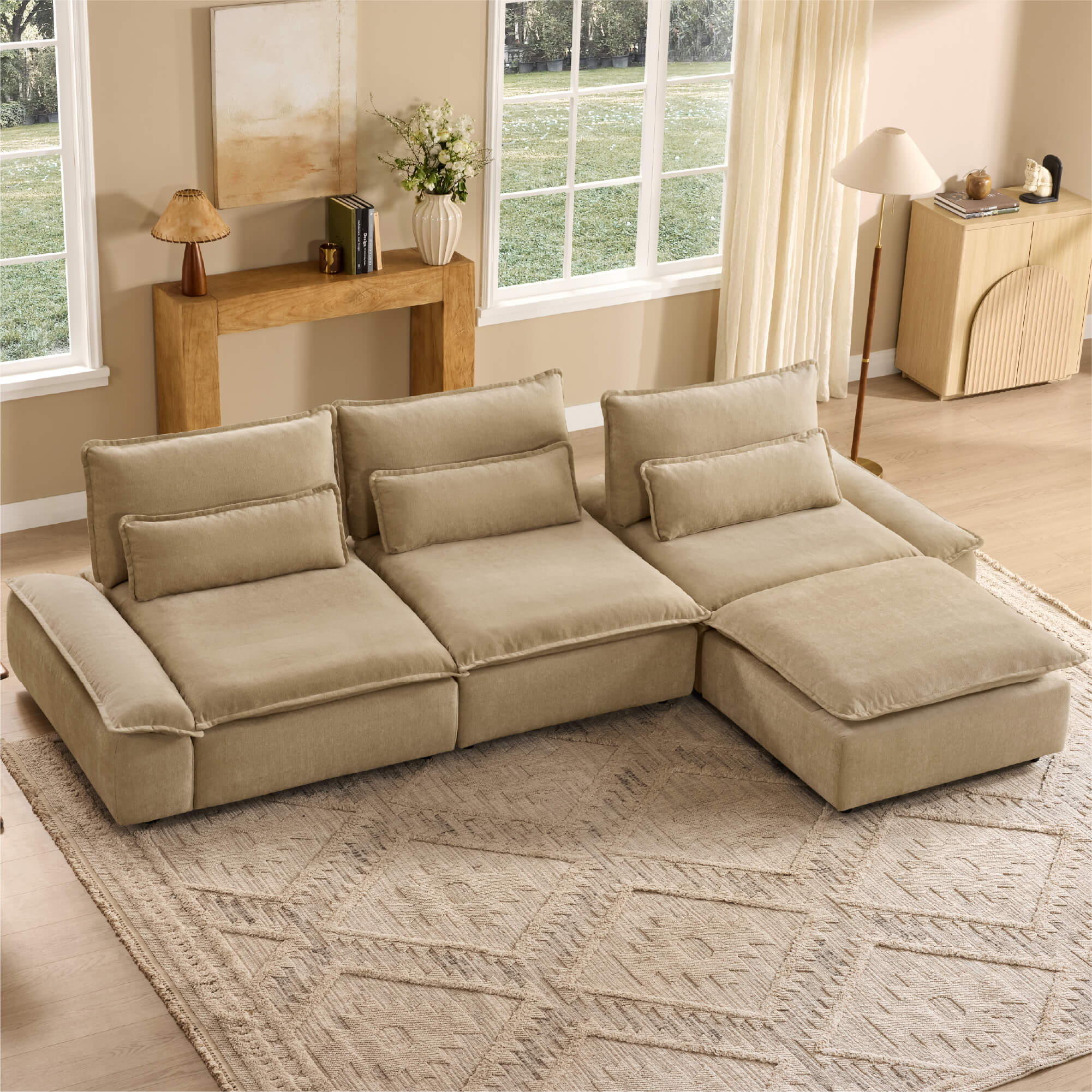 Ace Minimalist Chenille Adjustable Backrest 4-Seater Modular Sofa with Storage Armrest - Image 20