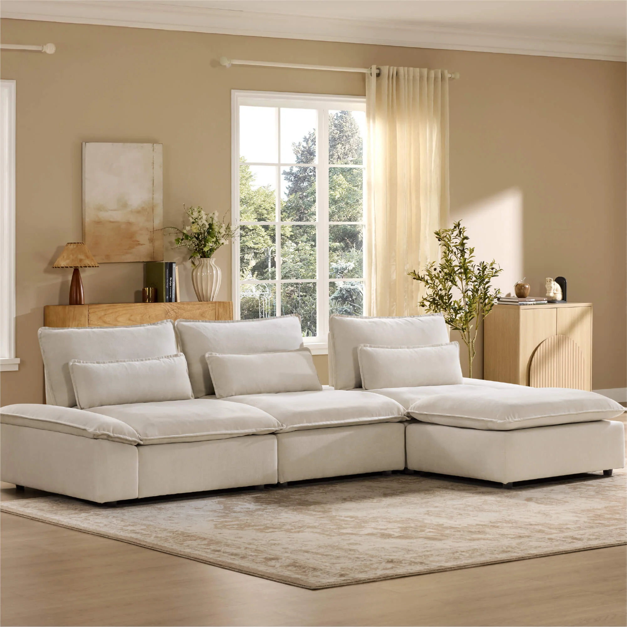 Ace Minimalist Chenille Adjustable Backrest 4-Seater Modular Sofa with Storage Armrest - Image 30