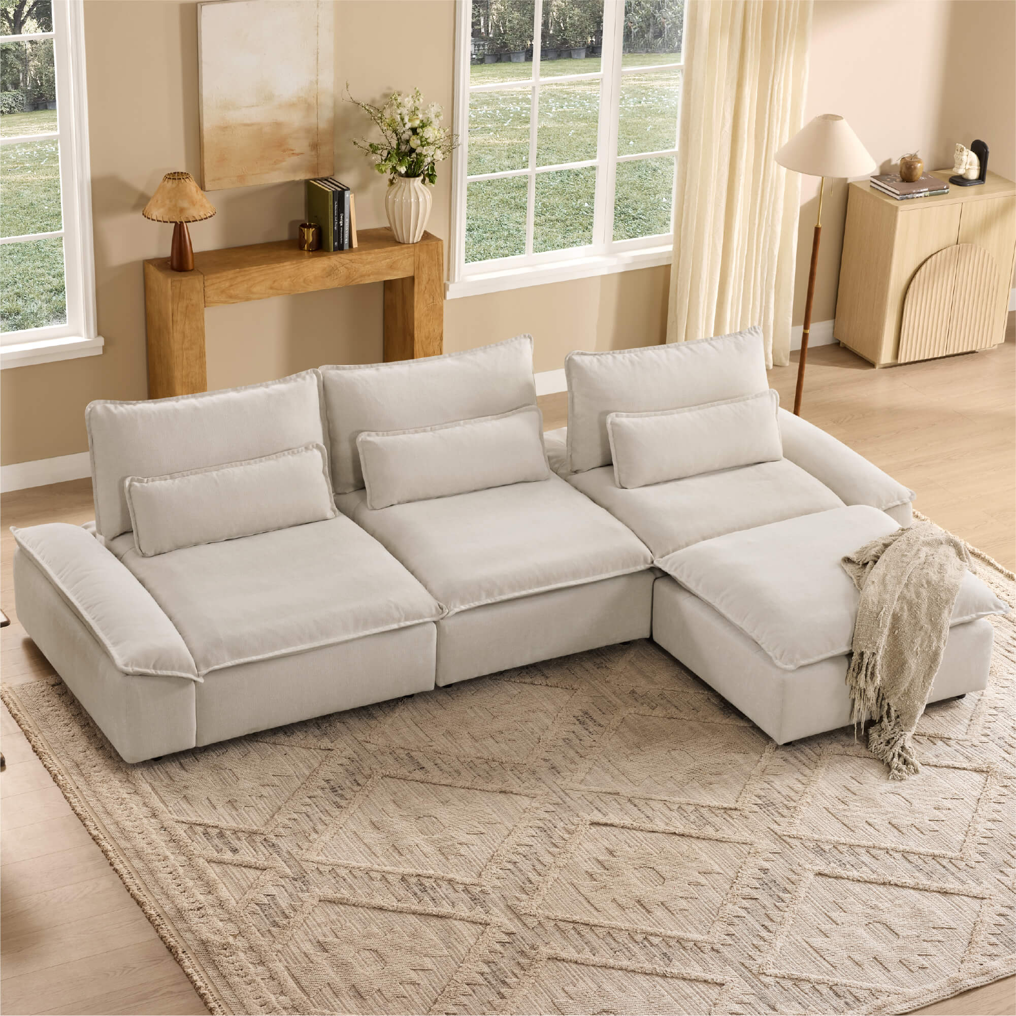 Ace Minimalist Chenille Adjustable Backrest 4-Seater Modular Sofa with Storage Armrest - Image 31