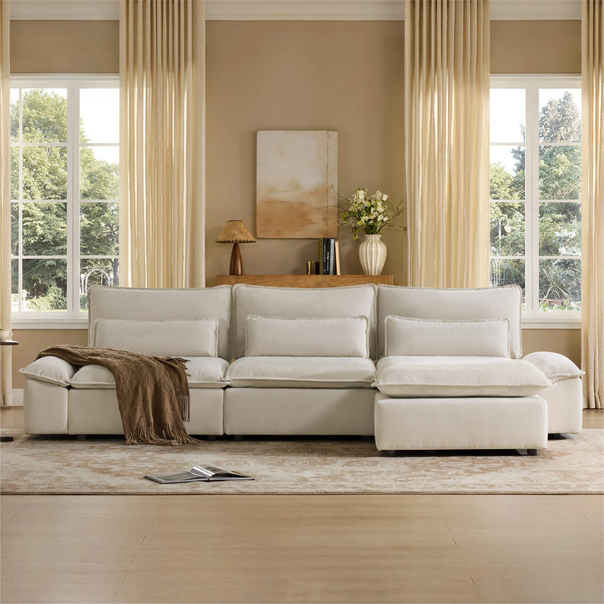 Ace Minimalist Chenille Adjustable Backrest 4-Seater Modular Sofa with Storage Armrest - Image 4