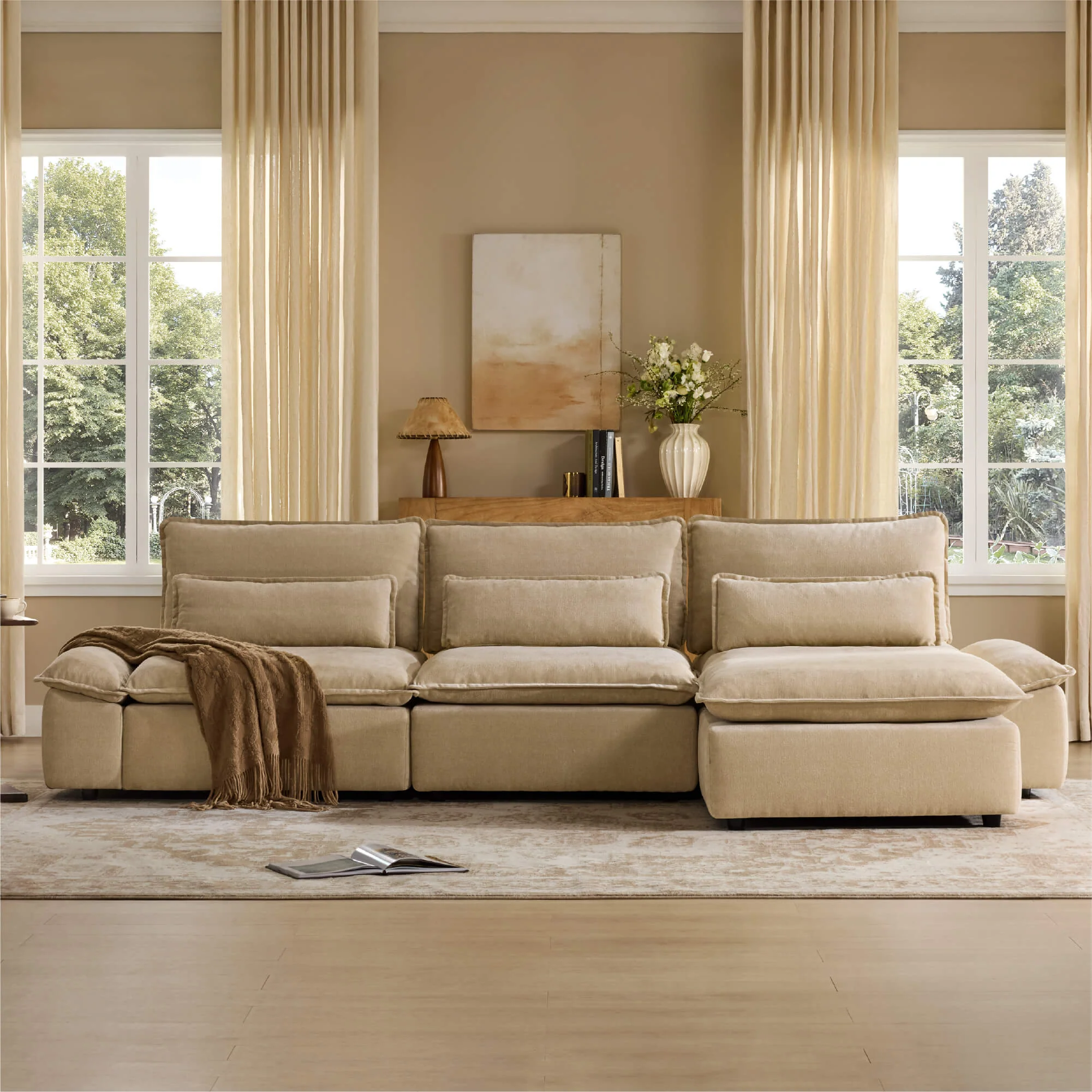 Ace Minimalist Chenille Adjustable Backrest 4-Seater Modular Sofa with Storage Armrest - Image 5