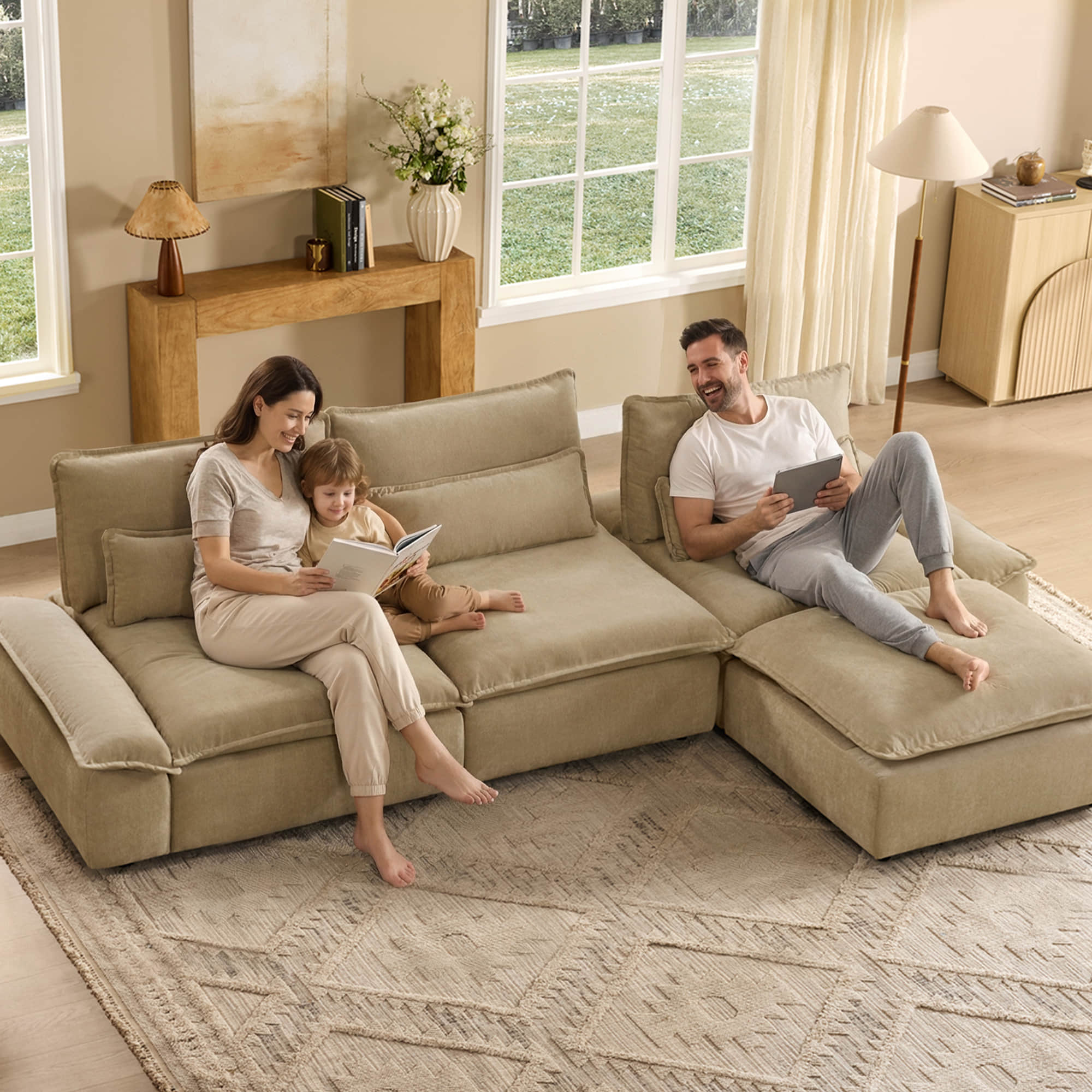 Ace Minimalist Chenille Adjustable Backrest 4-Seater Modular Sofa with Storage Armrest - Image 52
