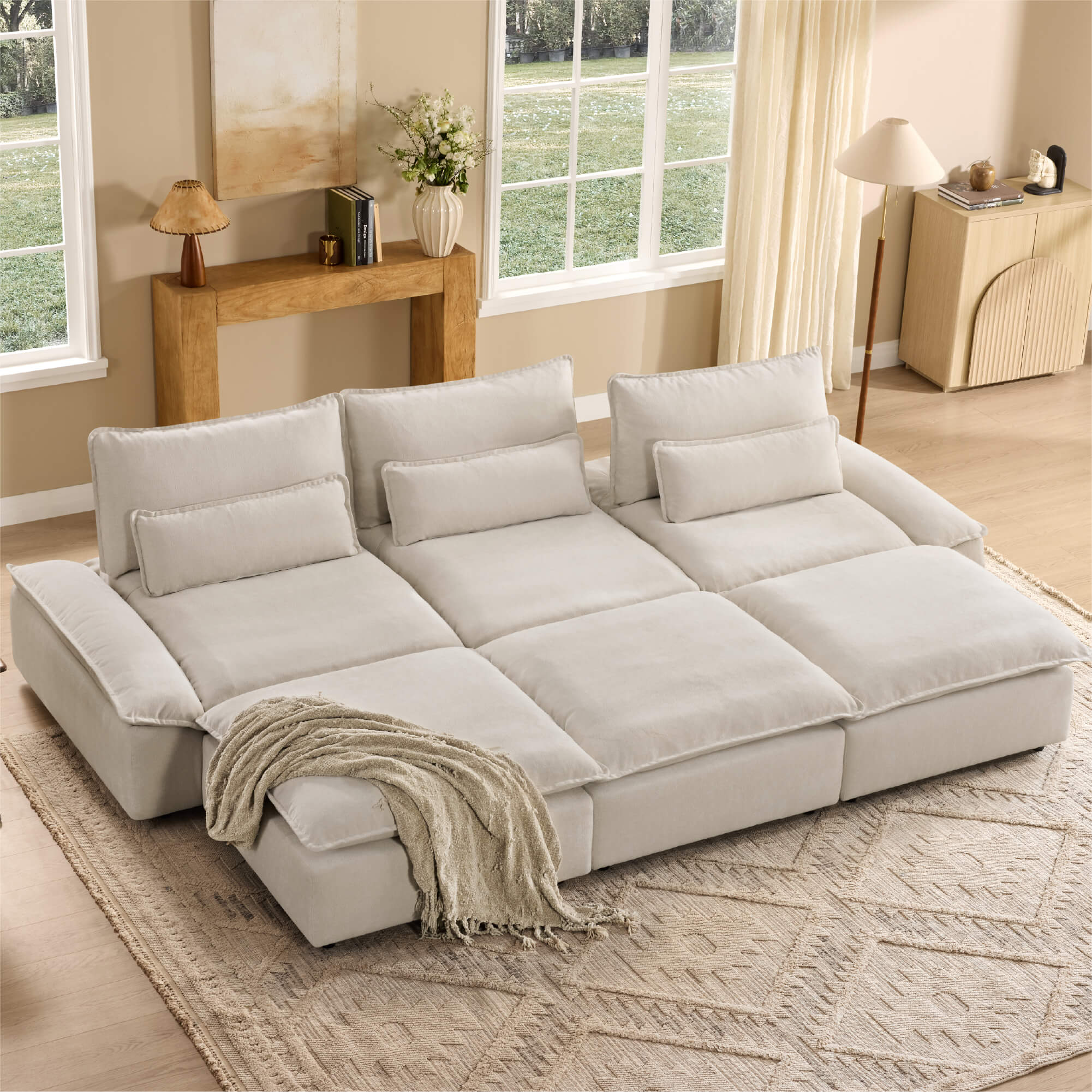 Ace Minimalist Chenille Adjustable Backrest 6-Seater Modular Sofa with Storage Armrest - Image 30