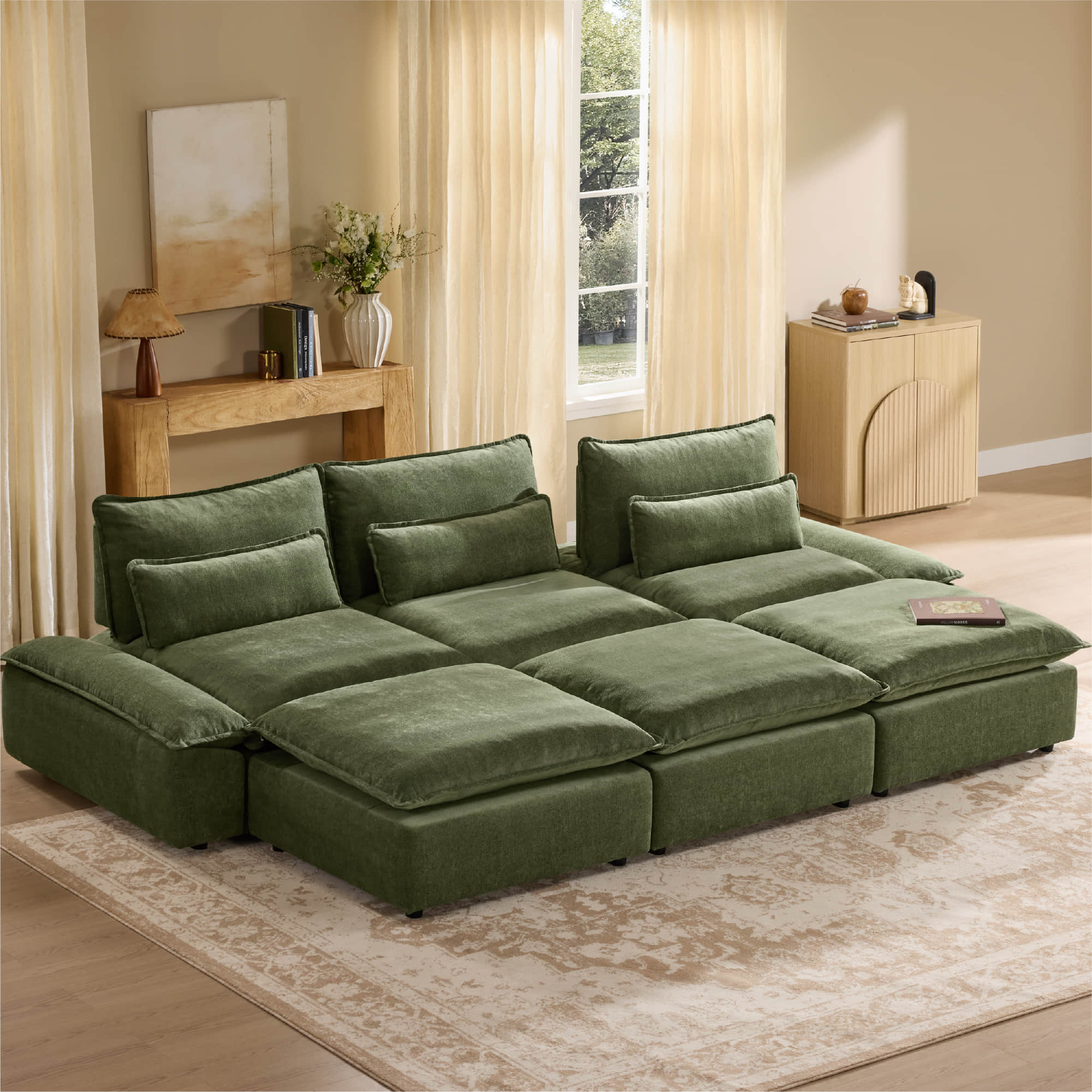 Ace Minimalist Chenille Adjustable Backrest 6-Seater Modular Sofa with Storage Armrest - Image 46