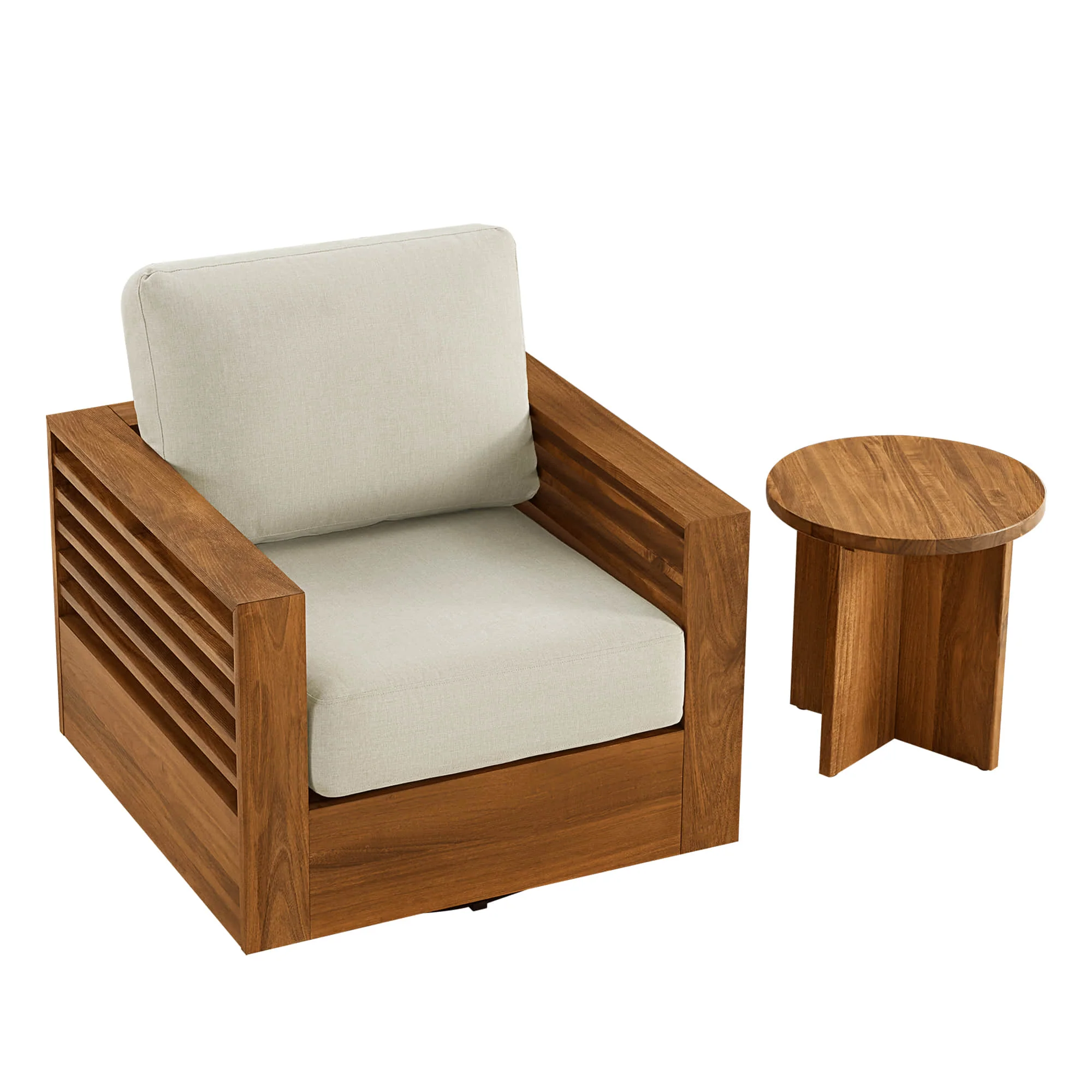 Beatriz Modern Outdoor Acacia Wood Slatted Swivel Bistro Set - Image 14