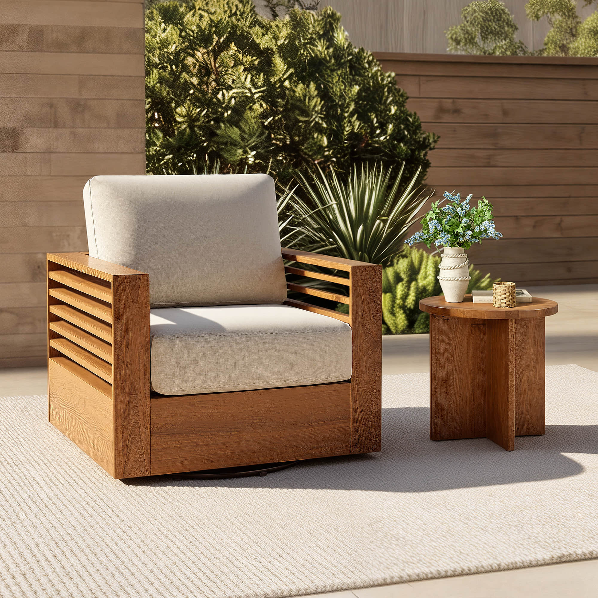 Beatriz Modern Outdoor Acacia Wood Slatted Swivel Bistro Set - Image 7