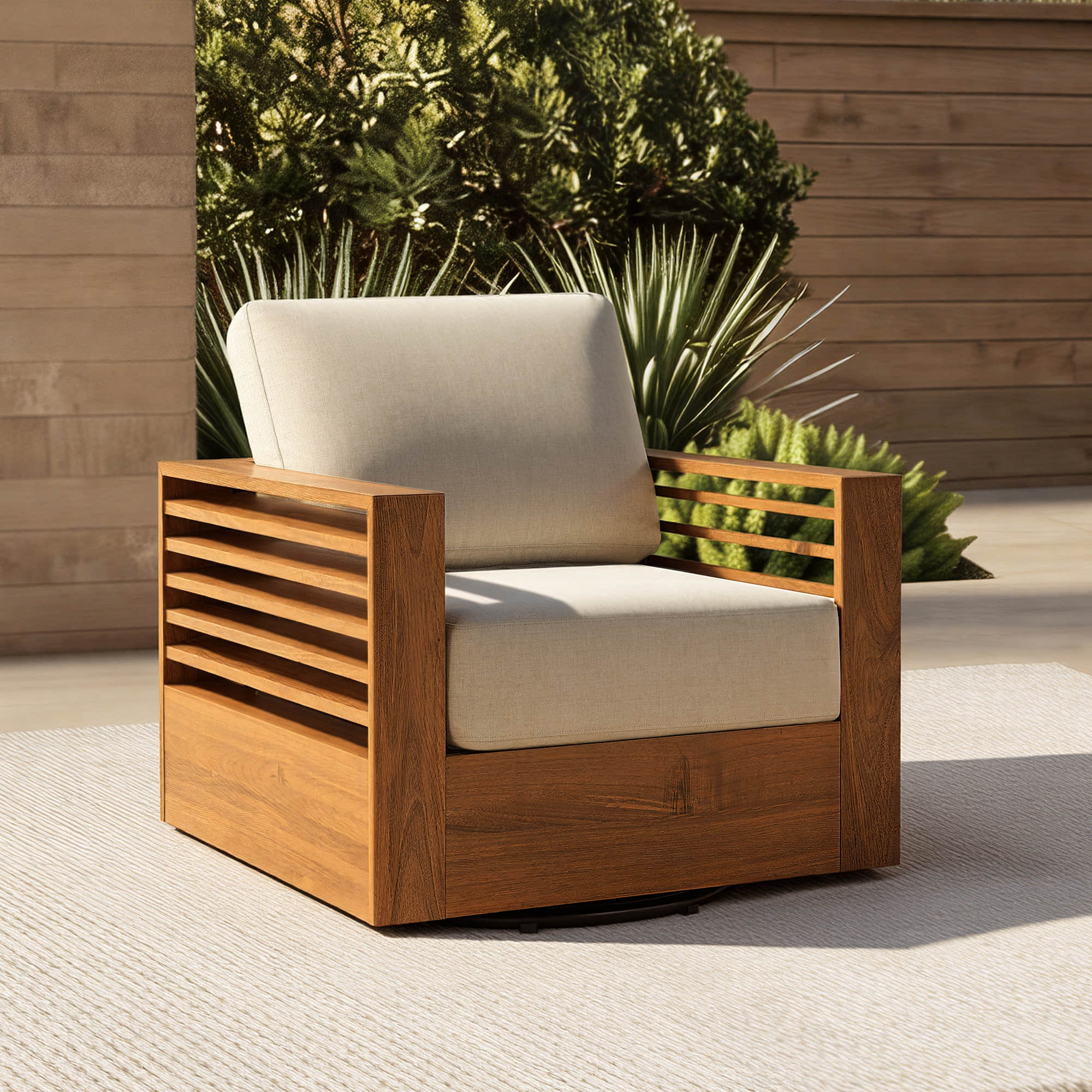 Beatriz Modern Outdoor Acacia Wood Slatted Swivel Chair - Image 3