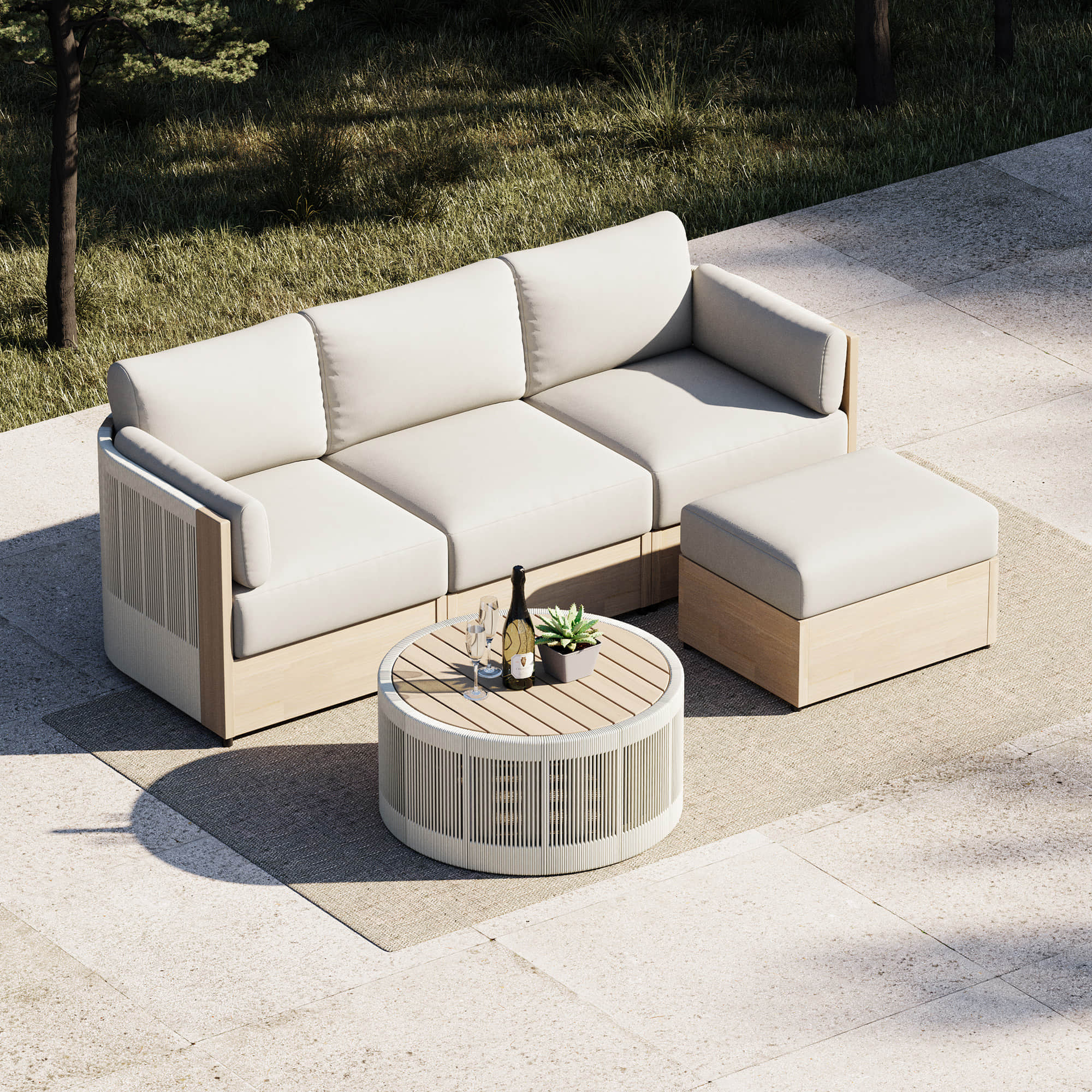 Clover Acacia Wood Rope Outdoor Modular Sofa Set - Image 4
