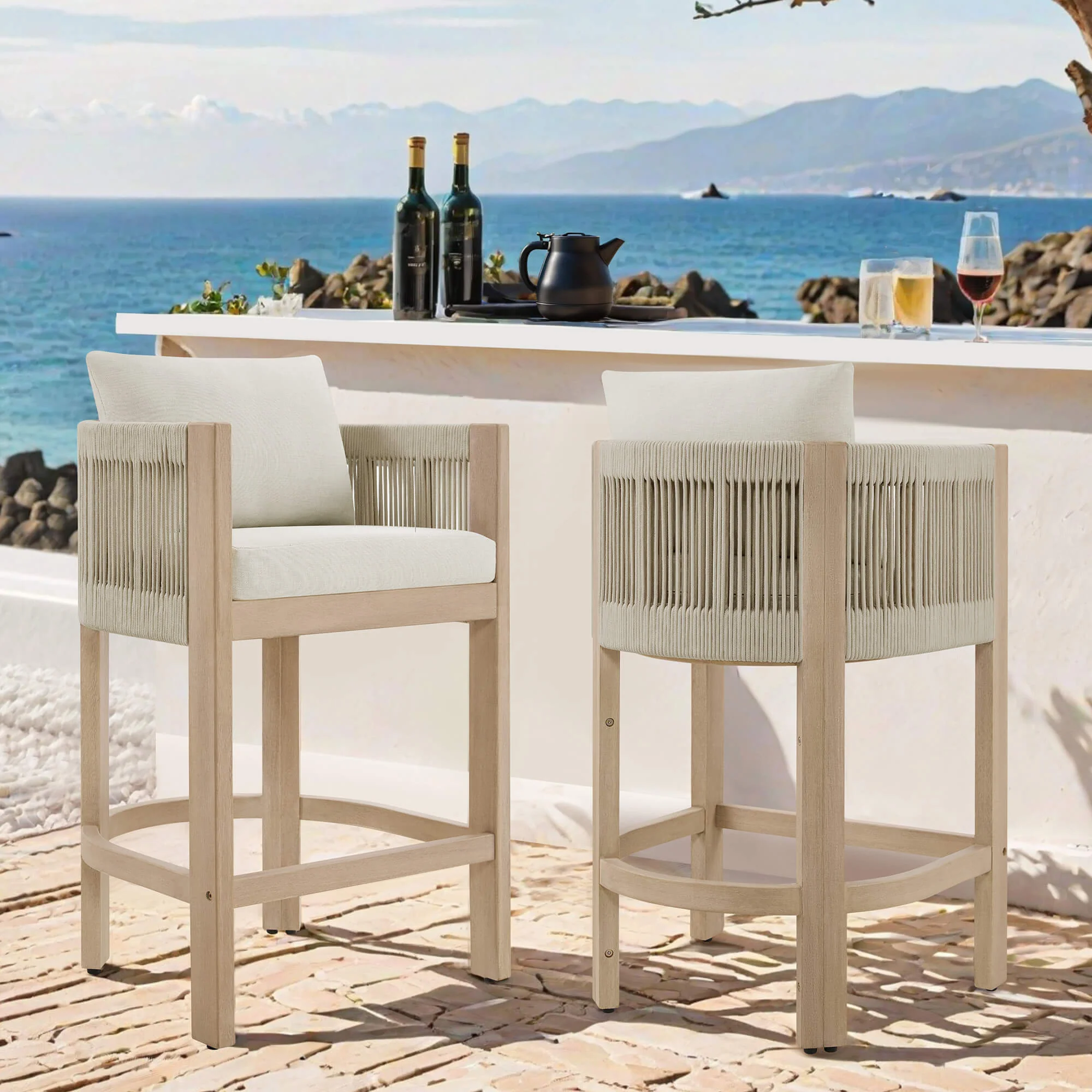 Clover Boho Acacia Wood Rope Indoor & Outdoor Counter Stool - Image 3