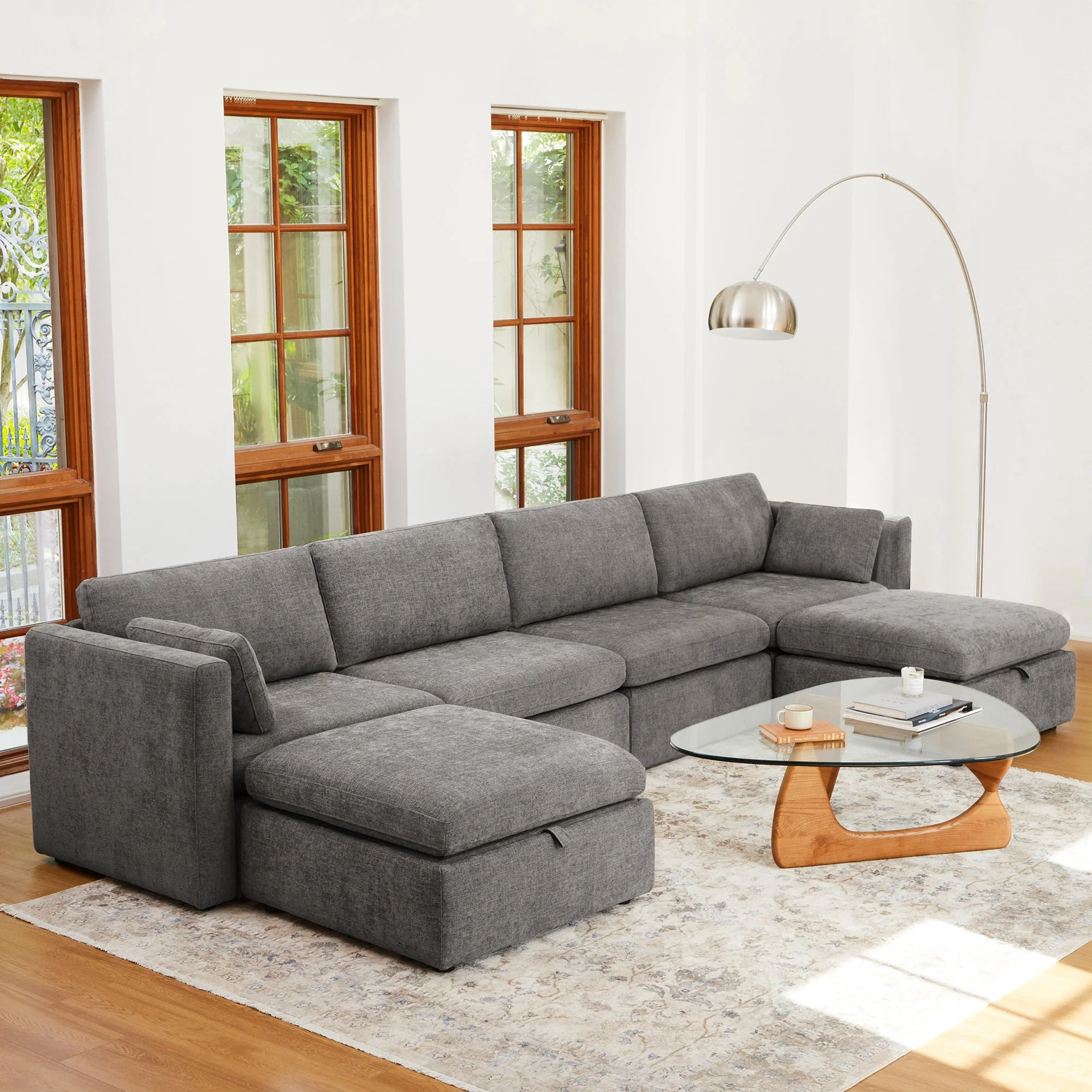 Delaney 6-Seat Modular Sofa Chaise with Storage Ottomans - Image 23