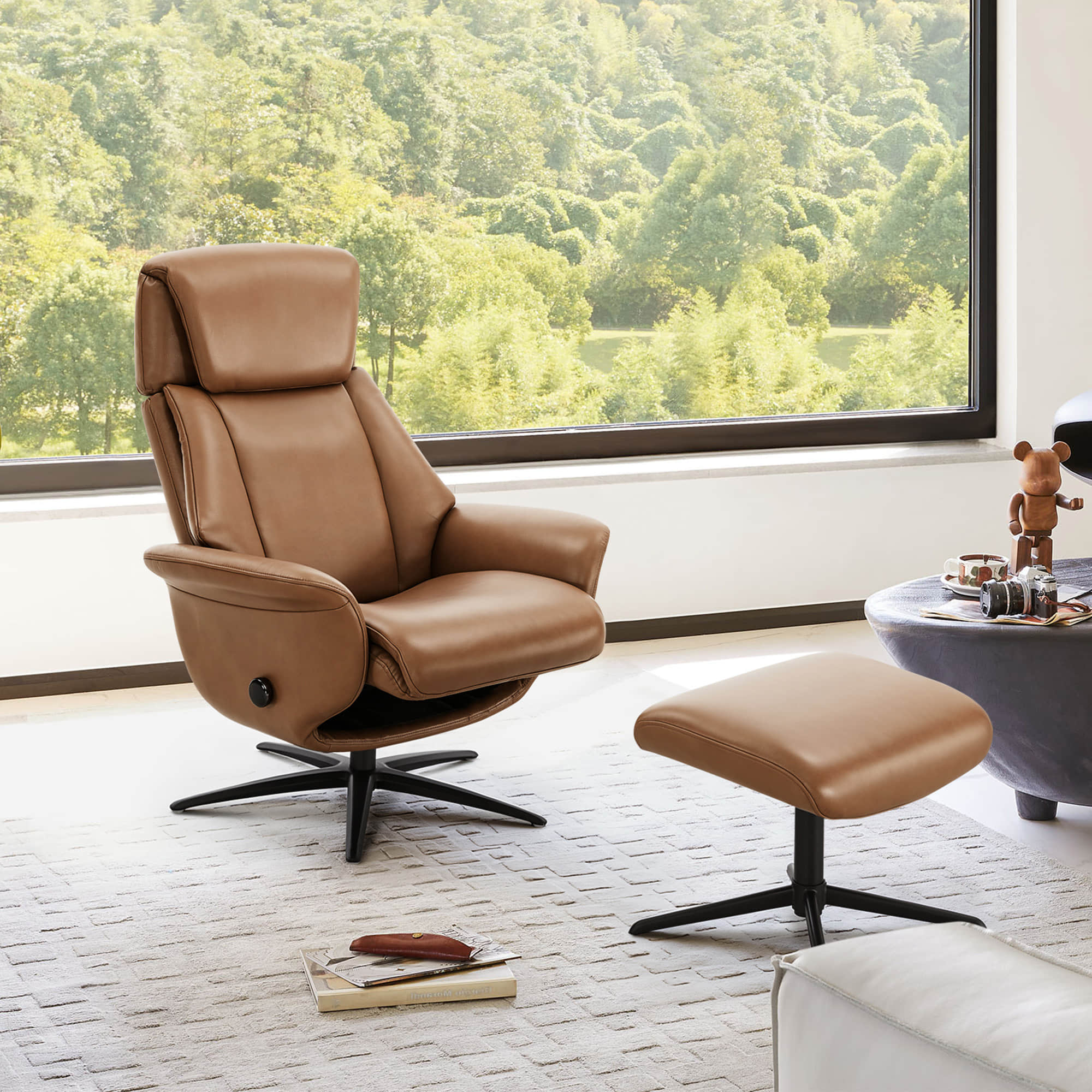 Leslie Genuine Leather Swivel Reclining Chair & Ottoman - Image 11