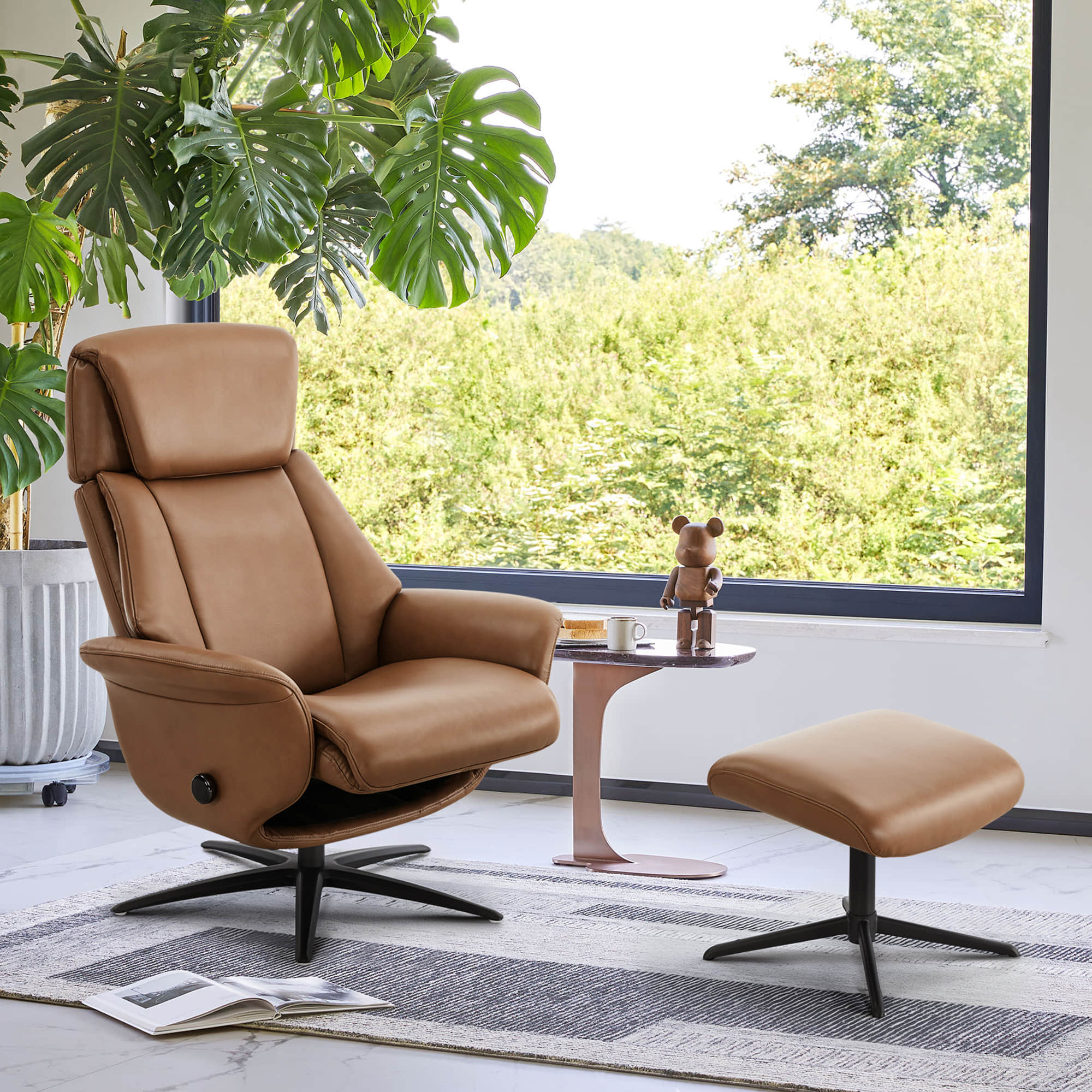 Leslie Genuine Leather Swivel Reclining Chair & Ottoman - Image 4