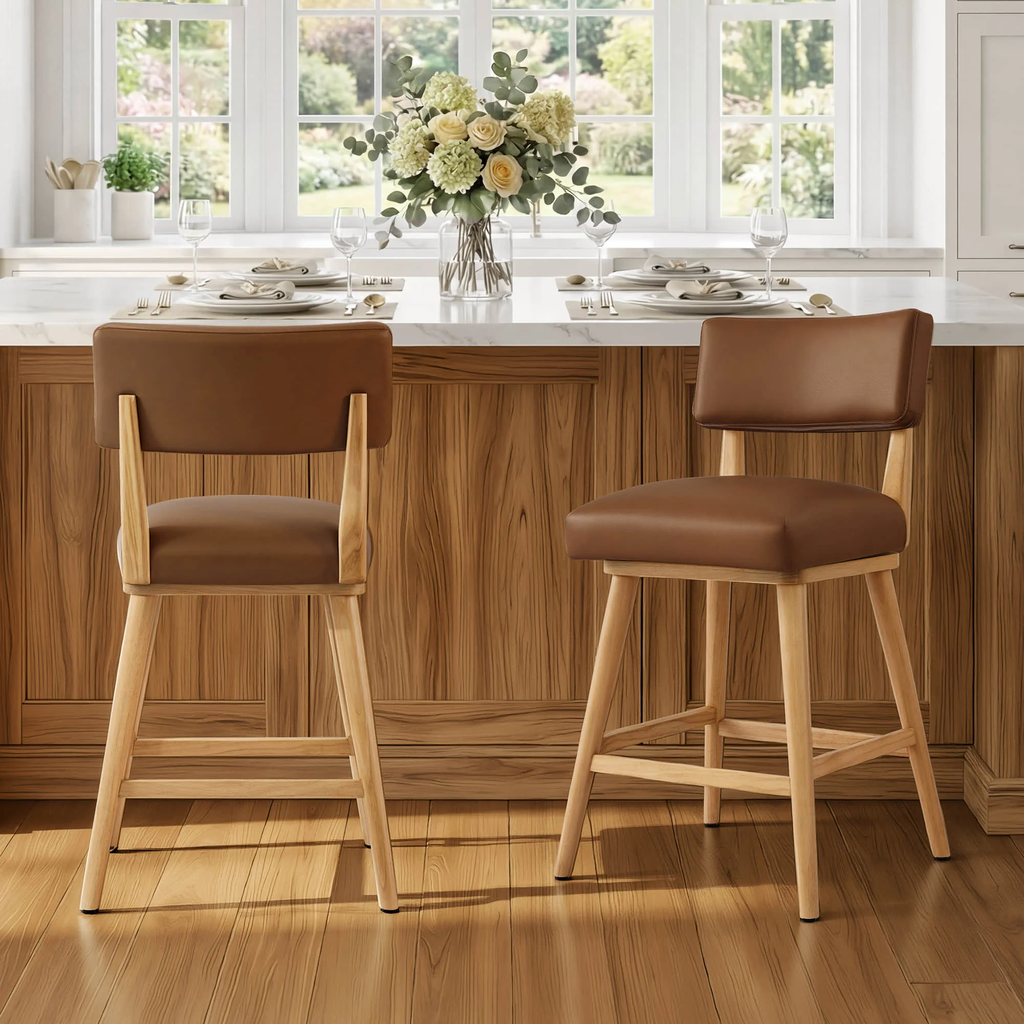 Lovy Modern Wood Base Swivel Bar Stool (Set of 2） - Image 4