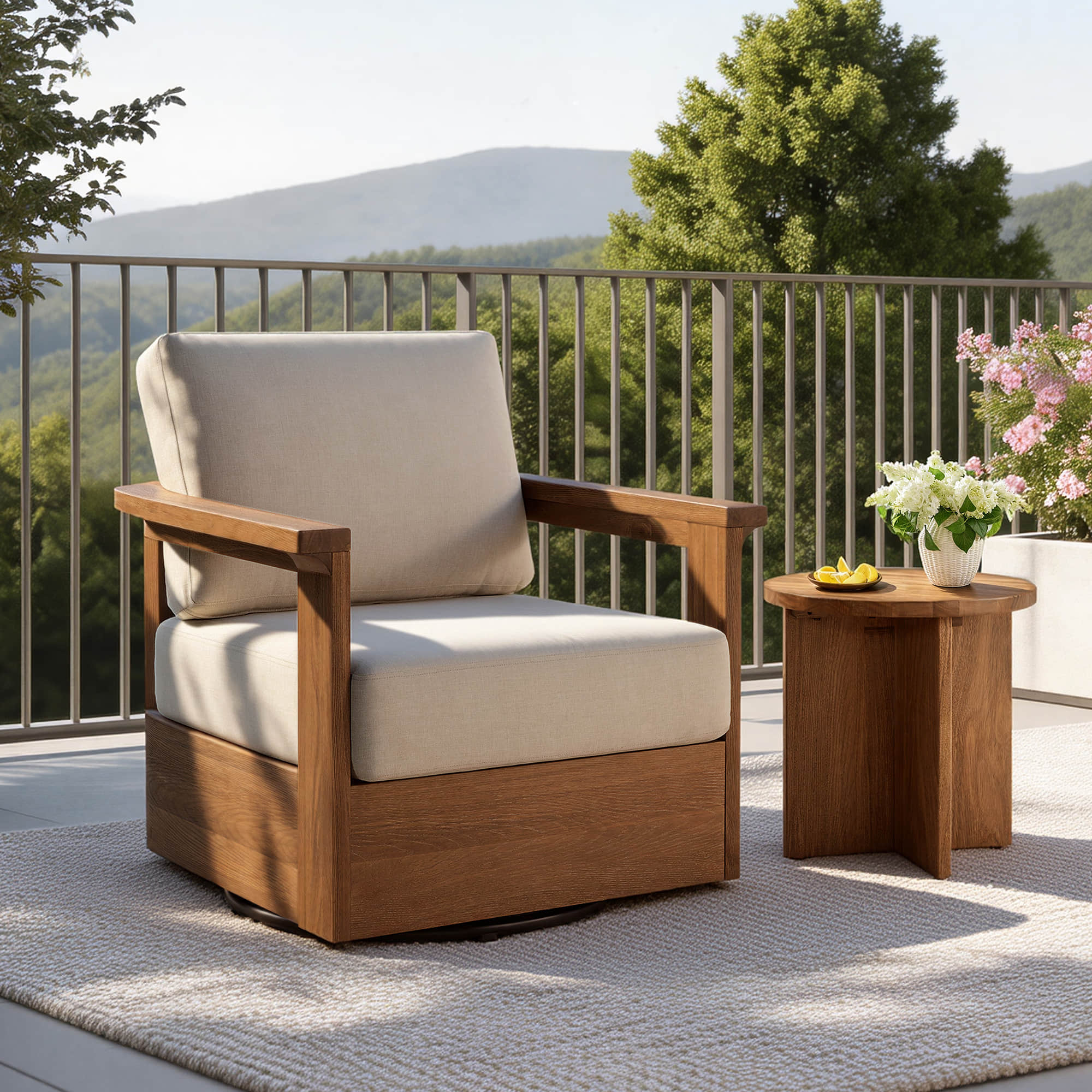 Raymond Modern Outdoor Acacia Wood Swivel Chair - Image 3